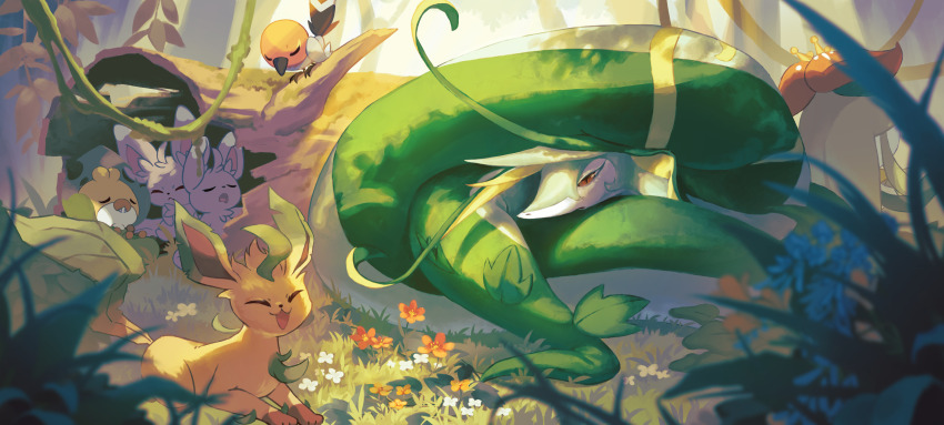 :d, absurdres, brown_eyes, closed_eyes, commentary_request, day, fallen_tree, fletchling