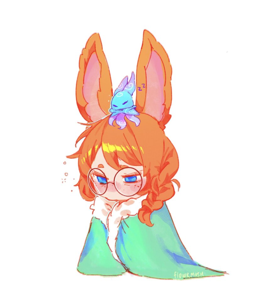 1girl, animal_ears, artist_name, aurora_(league_of_legends), blue_eyes, blush, cape, chibi