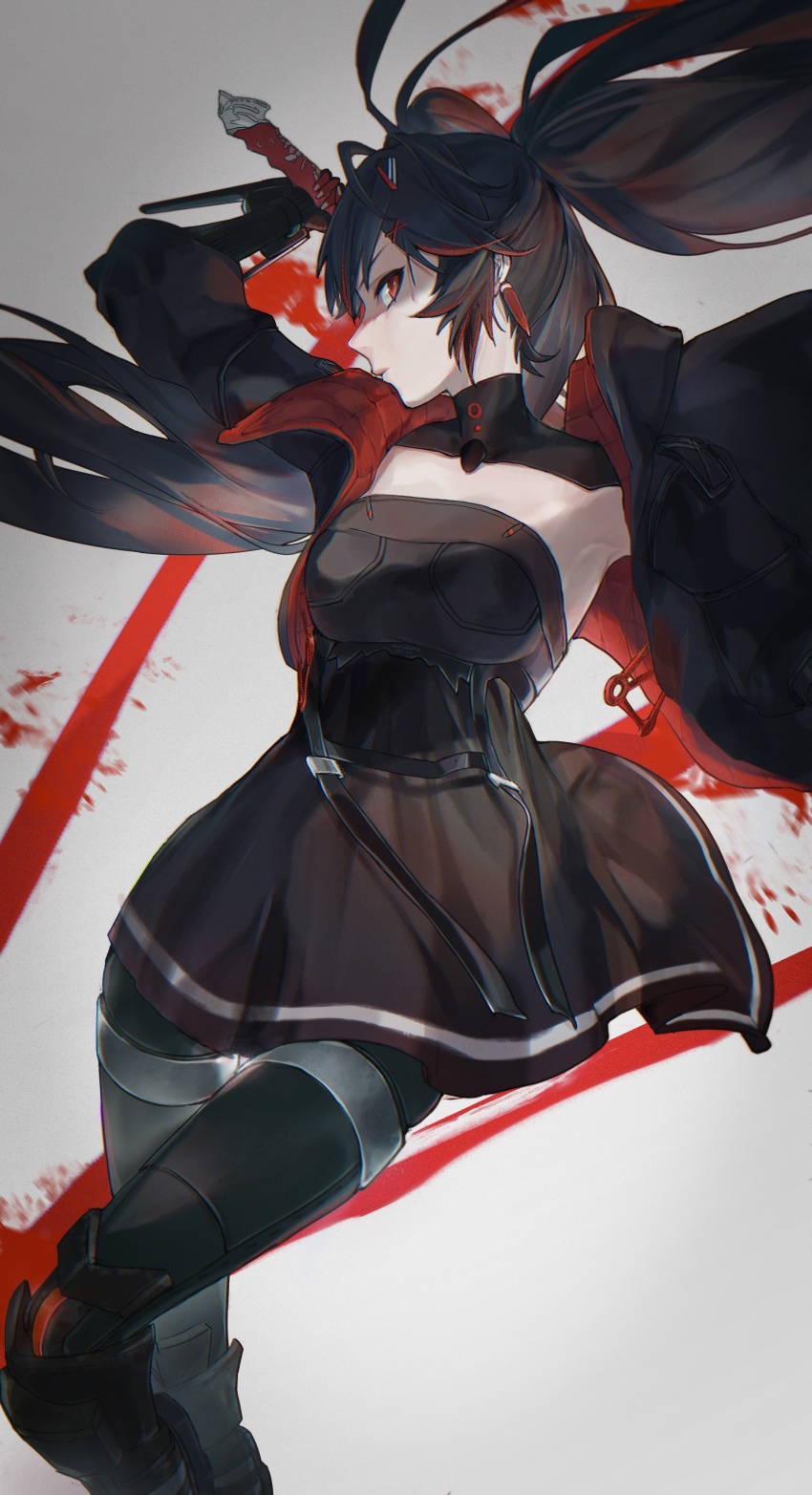 1girl, absurdres, armpits, black_dress, black_hair, black_jacket, dress, earrings