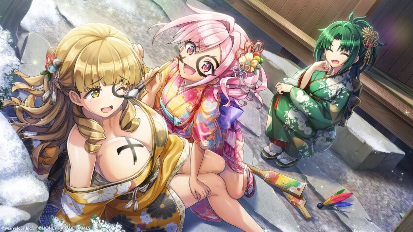 3girls, ayato_utae, blonde_hair, blunt_bangs, breasts, cleavage, closed_eyes, curly_hair, dolphin_wave, drawing_on_another, drawing_on_another's_face, green_eyes, green_kimono, hair_intakes, hair_ornament, hanetsuki, harunami_anri, highres, japanese_clothes, kimono, large_breasts, long_hair, mole, mole_under_eye, multiple_girls, off_shoulder, one_eye_closed, ootomo_takuji, parted_bangs, pink_eyes, pink_hair, pink_kimono, sandals, side_ponytail, socks, swept_bangs, urami_kana, yellow_eyes, yellow_kimono