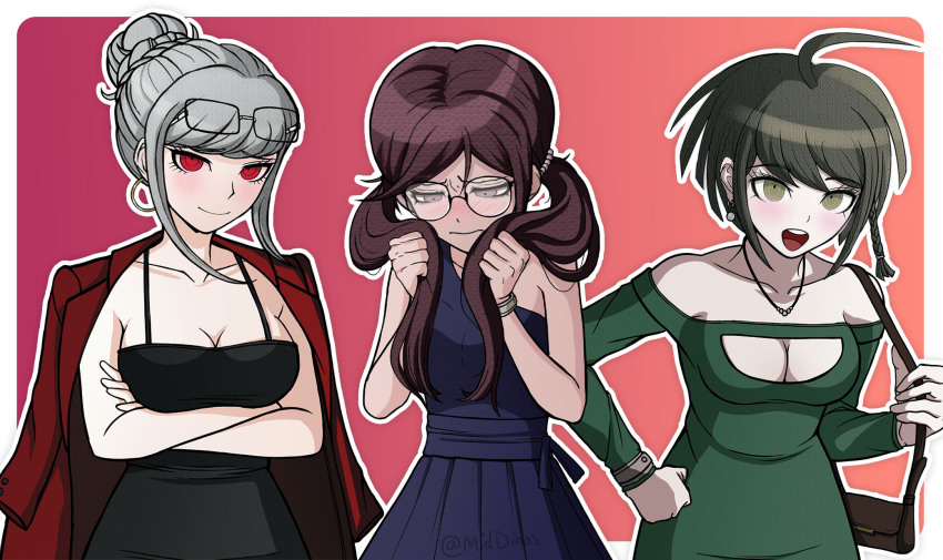 3girls, :d, a_beautiful_man_(middinos), ahoge, alternate_costume, bag, bare_shoulders, black_hair