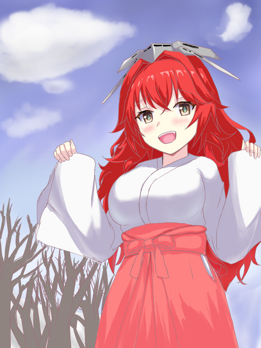 1girl, absurdres, alternate_costume, blue_sky, breasts, brown_eyes, cloud, commentary_request