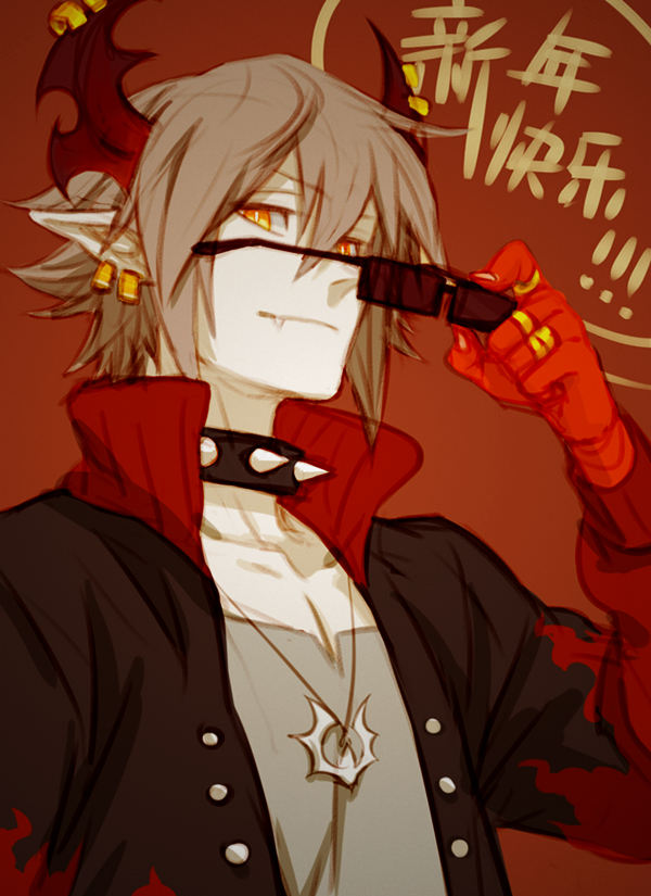 1boy, black_jacket, brown_hair, collar, commentary, demon_boy, demon_horns, earrings