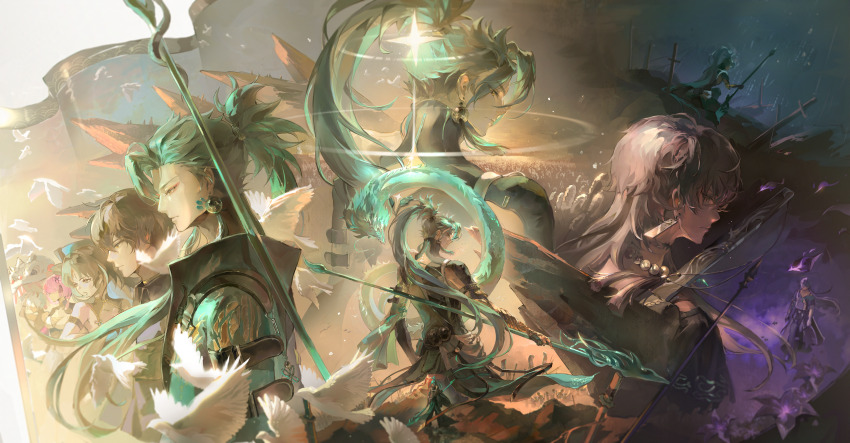 2girls, 4boys, absurdres, commentary_request, earrings, gauntlets, geshu_lin_(wuthering_waves), green_hair, green_kimono, grey_hair, hadanugi_dousa, highres, holding, holding_polearm, holding_weapon, japanese_clothes, jewelry, jiyan_(wuthering_waves), kimono, lingyang_(wuthering_waves), long_hair, male_rover_(wuthering_waves), multiple_boys, multiple_girls, neptune_hi, open_kimono, pangu_terminal_(wuthering_waves), planted, planted_sword, planted_weapon, polearm, ponytail, rover_(wuthering_waves), spear, sword, tacet_mark_(wuthering_waves), taoqi_(wuthering_waves), very_long_hair, weapon, wuthering_waves, yangyang_(wuthering_waves), yellow_eyes