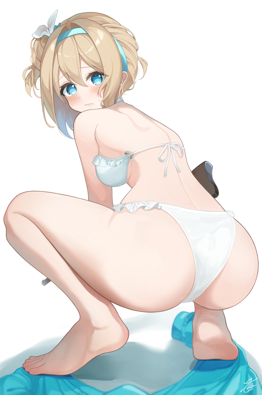 1girl, absurdres, ass, bikini, blonde_hair, blue_eyes, blue_hairband, blue_jacket