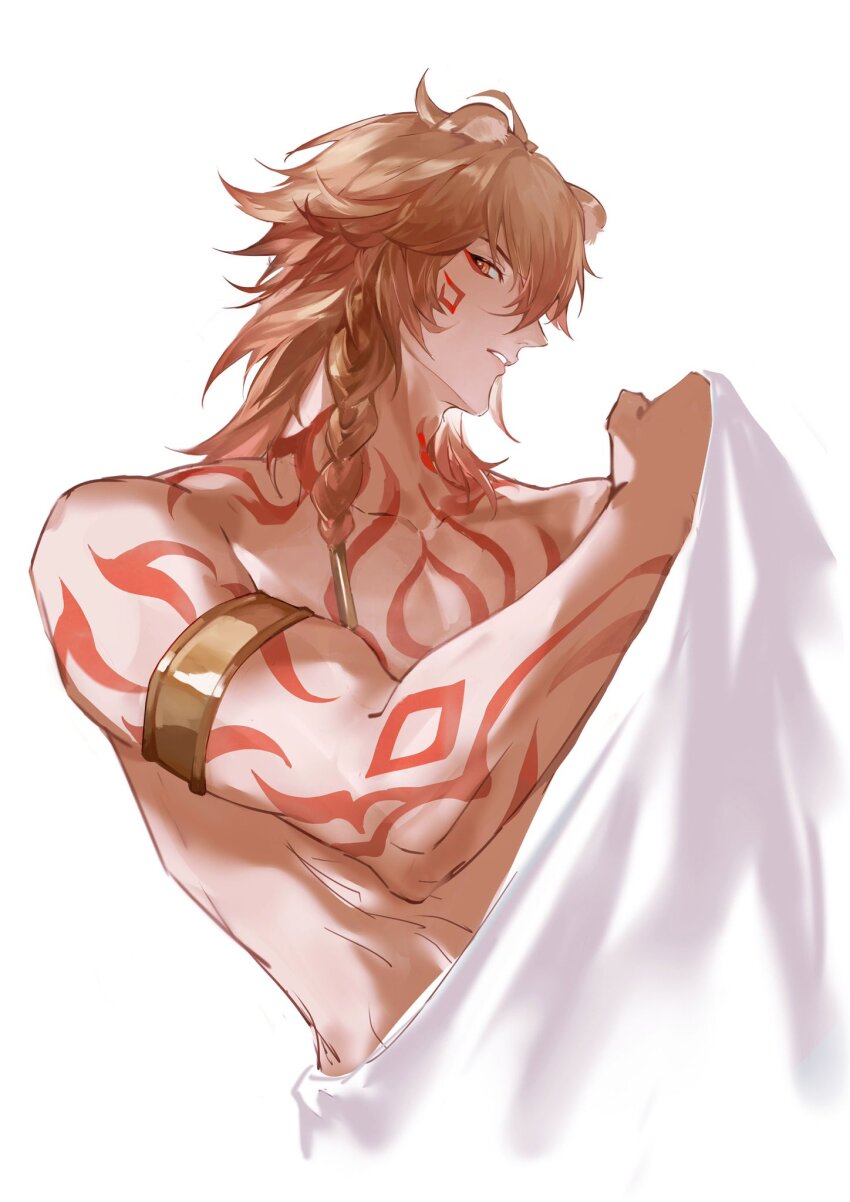 1boy, abs, arm_tattoo, armlet, braid, chest_tattoo, earrings, gold_armlet