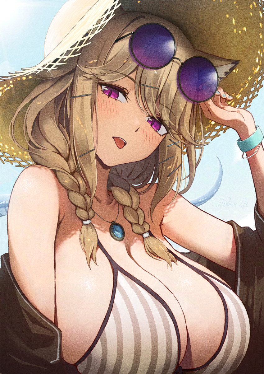1girl, arknights, blonde_hair, breasts, cleavage, eyewear_on_head, hat, highres, huge_breasts, large_breasts, looking_at_viewer, okashira2ki, purple_eyes, solo, straw_hat, tongue, tongue_out, utage_(arknights), utage_(summer_flowers)_(arknights)