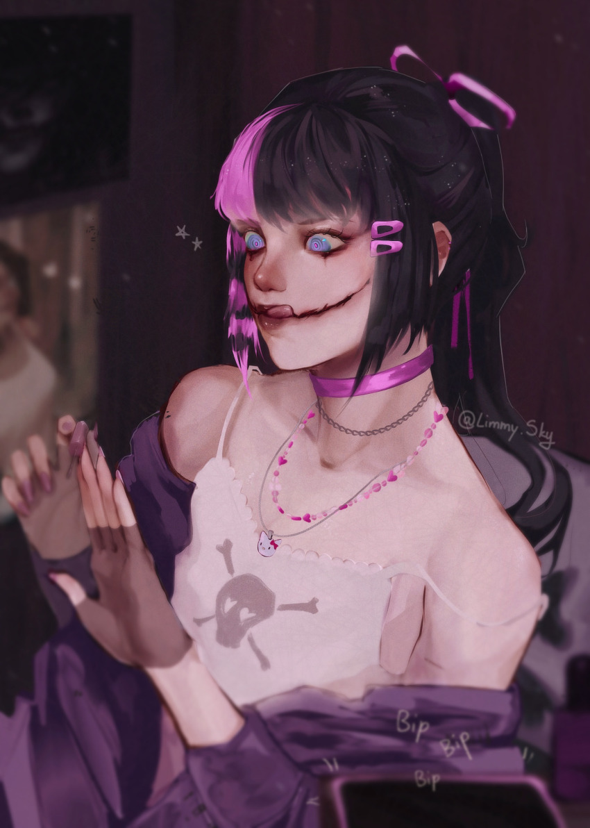 2girls, :q, applying_manicure, bare_shoulders, black_hair, blue_eyes, blurry, blurry_background