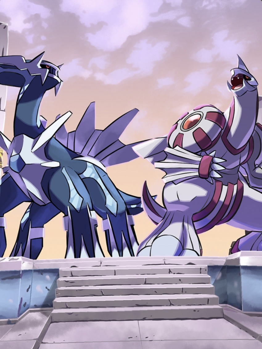 animal_focus, artist_request, black_sclera, claws, colored_sclera, commentary, commentary_request, dialga, fangs, gen_4_pokemon, highres, legendary_pokemon, nintendo, no_humans, official_art, open_mouth, palkia, pokemon, pokemon_(creature), pokemon_focus, pokemon_home, red_eyes, sky, standing, third-party_source