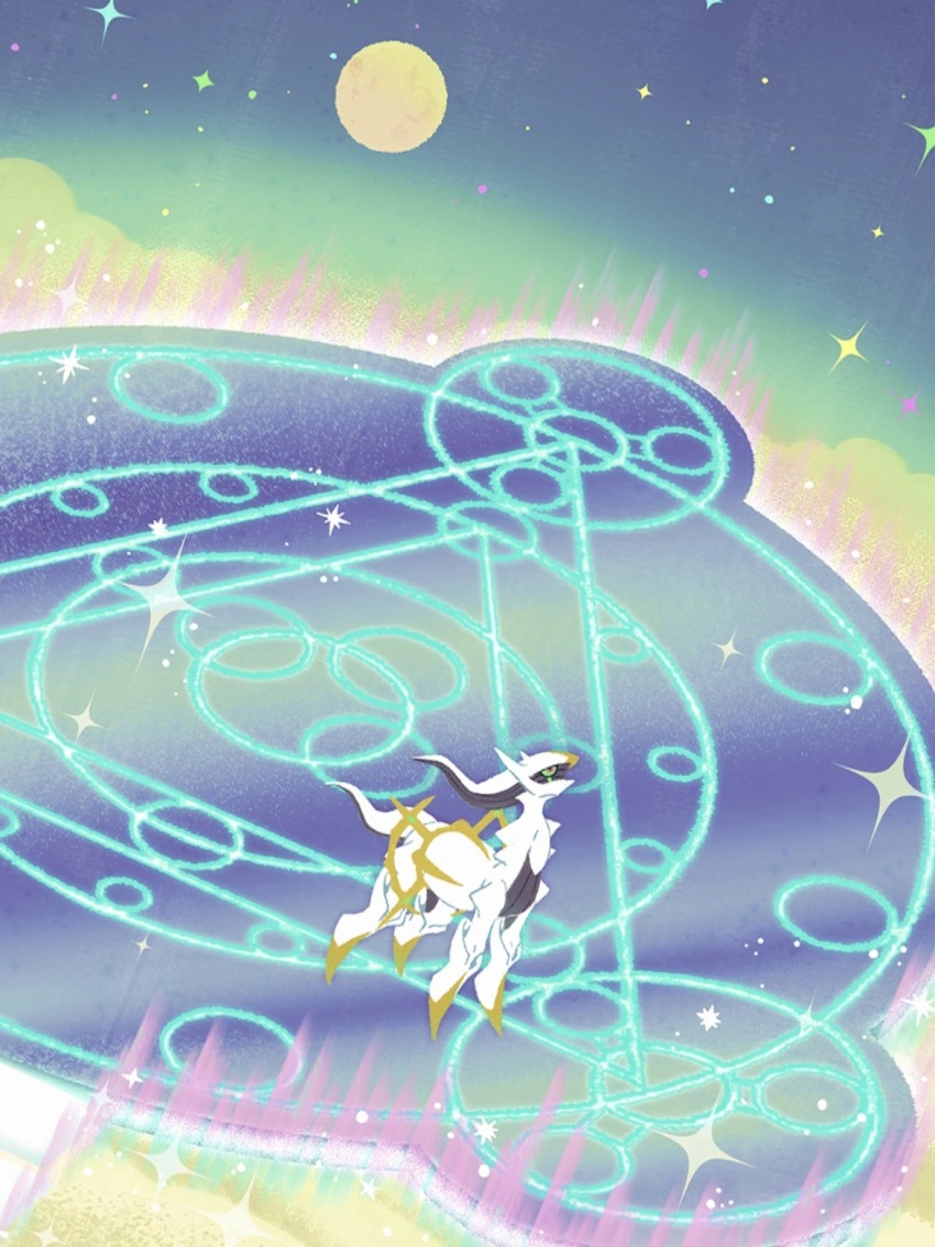 arceus, artist_request, colored_sclera, commentary, english_commentary, full_body, full_moon, gen_4_pokemon