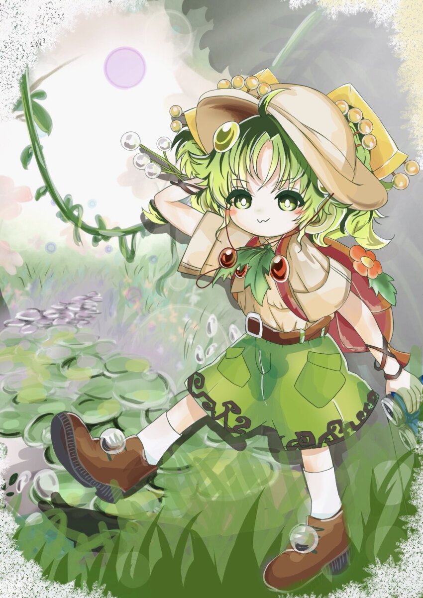 1girl, :3, ahoge, backpack, bag, binoculars, brown_footwear, brown_shirt, budding_expeditioner_(pokemon), budding_expeditioner_(pokemon)_(cosplay), cosplay, duel_monster, full_body, green_eyes, green_hair, green_pants, highres, holding, holding_binoculars, jungle, lily_pad, looking_at_viewer, md_yoru, nature, nintendo, outdoors, pants, plant, pokemon, pokemon_tcg, pokemon_tcg_pocket, red_bag, pith_helmet, shirt, smile, solo, traptrix_sera, vines, walking, yu-gi-oh!