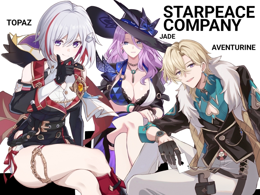 1boy, 2girls, ace_(playing_card), ace_of_spades, aqua_shirt, aventurine_(honkai:_star_rail), bare_shoulders, black_bra