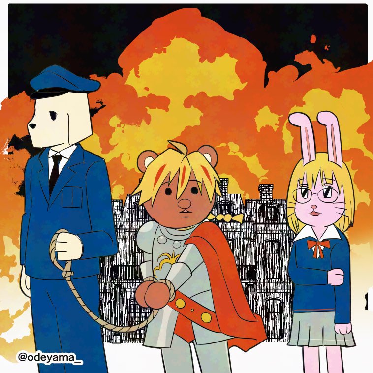 1girl, 2boys, animal_ears, armor, arrest, bear_boy, bear_ears, blonde_hair