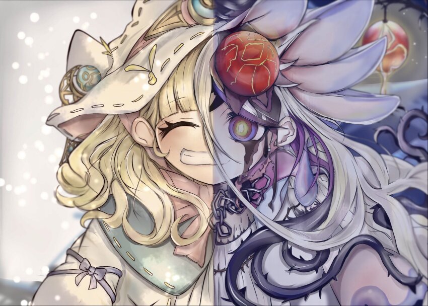 1girl, elzette_azamina_of_the_white_forest, before_and_after, blonde_hair, blunt_bangs, corruption, diabellze_the_original_sinkeeper, dress, duel_monster, elzette_of_the_white_forest, grin, hat, highres, looking_at_viewer, md_yoru, plant, purple_eyes, smile, solo, tears, vines, white_dress, witch_hat, yu-gi-oh!