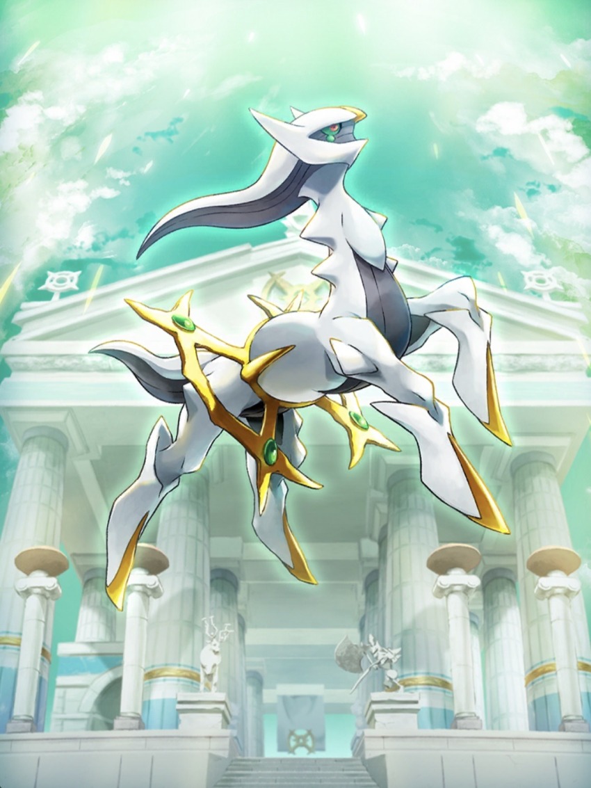 arceus, artist_request, cloud, colored_sclera, column, commentary, english_commentary, full_body, gen_4_pokemon, green_sclera, highres, in-universe_location, kleavor, legendary_pokemon, mythical_pokemon, nintendo, no_humans, official_art, pillar, pokemon, pokemon_(creature), pokemon_focus, pokemon_home, pokemon_legends:_arceus, red_eyes, sky, solo, spear_pillar, statue, third-party_source, wyrdeer