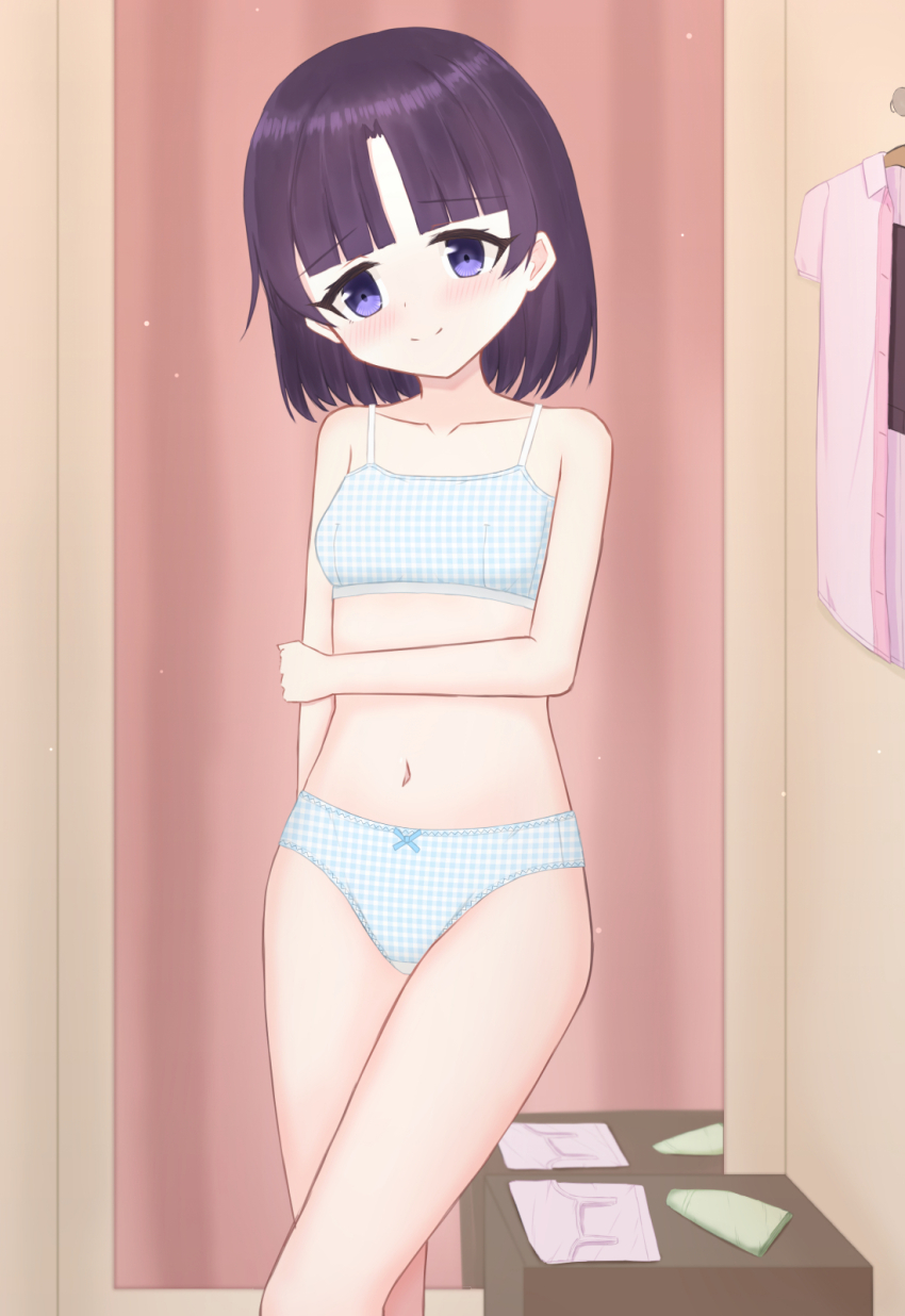 1girl, black_shorts, blue_bow, blue_bra, blue_eyes, blue_panties, blush, bow, bow_panties, bra, breasts, camisole, changing_room, clothes_hanger, collarbone, crotch_seam, curtains, dressing_room, gingham_bra, gingham_clothes, gingham_panties, green_panties, hand_on_own_arm, highres, loli, looking_at_viewer, matching_underwear, mirror, navel, original, panties, pink_camisole, pink_shirt, purple_hair, shirt, shooko, short_hair, short_sleeves, shorts, small_breasts, smile, standing, training_bra, two-tone_bra, two-tone_panties, underwear, unworn_camisole, unworn_clothes, unworn_panties, unworn_shirt, unworn_shorts, white_bra, white_panties, white_trim