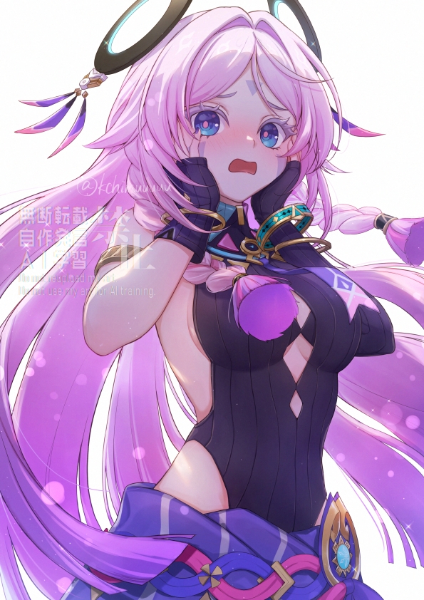 1girl, black_leotard, blue_eyes, bracelet, braid, breasts, citlali_(genshin_impact), colored_eyelashes, facial_mark, forehead_mark, genshin_impact, hair_intakes, hands_up, jewelry, leotard, long_hair, looking_at_viewer, medium_breasts, open_mouth, pink_hair, purple_skirt, ring_hair_ornament, simple_background, skirt, solo, upper_body, very_long_hair, white_background, yuta_(kchimuuuuu)