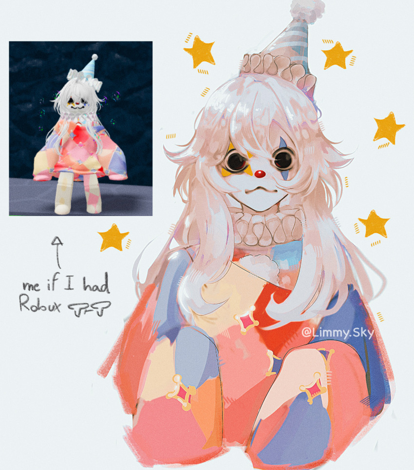 1girl, :3, arrow_(symbol), black_eyes, blue_sweater, closed_mouth, clown, clown_nose, colored_skin, commentary, cropped_torso, english_commentary, english_text, facepaint, film_grain, frilled_headwear, grey_background, hair_between_eyes, hat, highres, instagram_username, limmysky, long_hair, long_sleeves, looking_at_viewer, no_pupils, orange_sweater, party_hat, pom_pom_(clothes), puffy_long_sleeves, puffy_sleeves, red_nose, reference_inset, roblox, simple_background, sleeves_past_fingers, sleeves_past_wrists, solo, star_(symbol), sweater, white_hair, white_skin