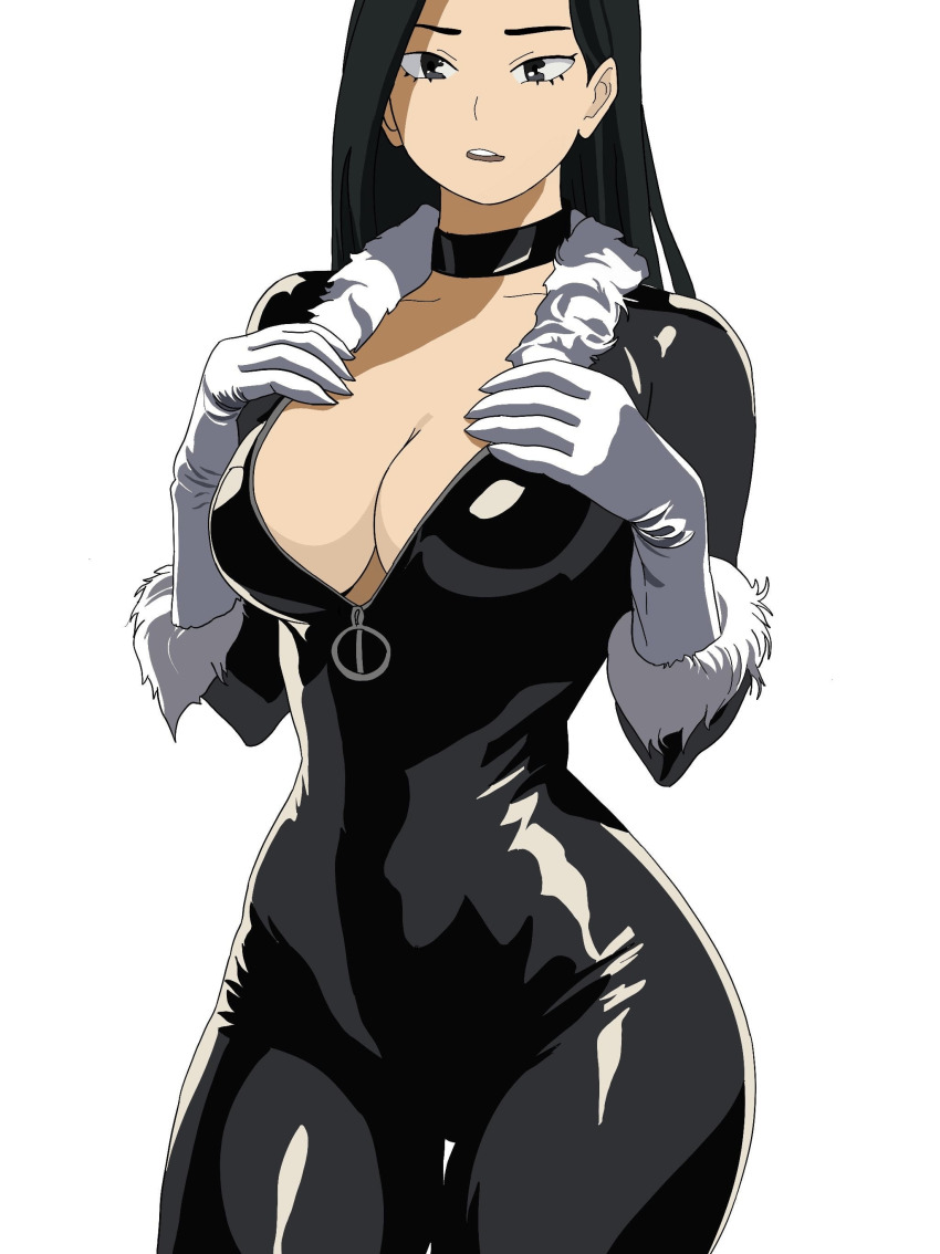1girl, absurdres, bad_id, bad_reddit_id, black_bodysuit, black_cat_(marvel)_(cosplay), black_eyes, black_hair, bodysuit, boku_no_hero_academia, breasts, cleavage, collarbone, cosplay, early_departure, female_focus, fur-trimmed_collar, fur-trimmed_sleeves, fur_trim, gloves, highres, large_breasts, long_hair, marvel, matching_hair/eyes, no_bra, official_alternate_hairstyle, solo, unzipped, white_background, white_gloves, yaoyorozu_momo