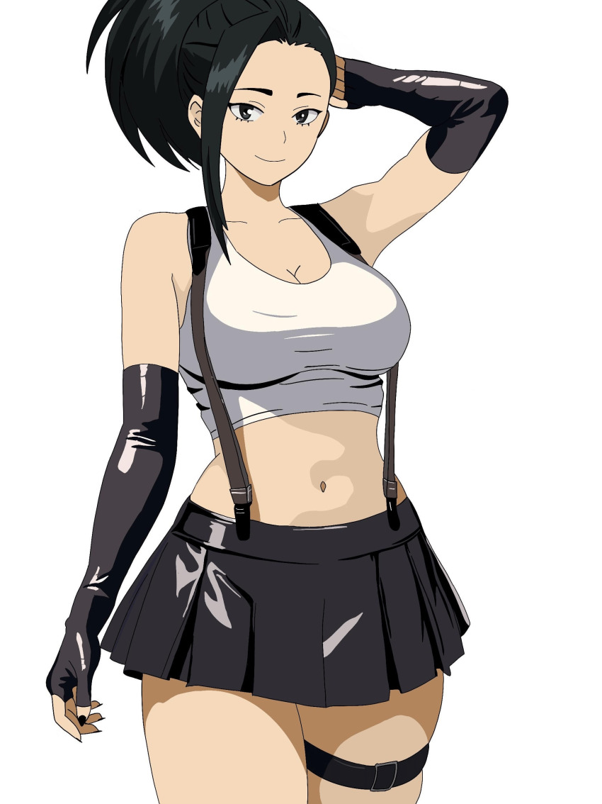 1girl, absurdres, arm_behind_head, bad_id, bad_reddit_id, bare_shoulders, black_eyes, black_gloves