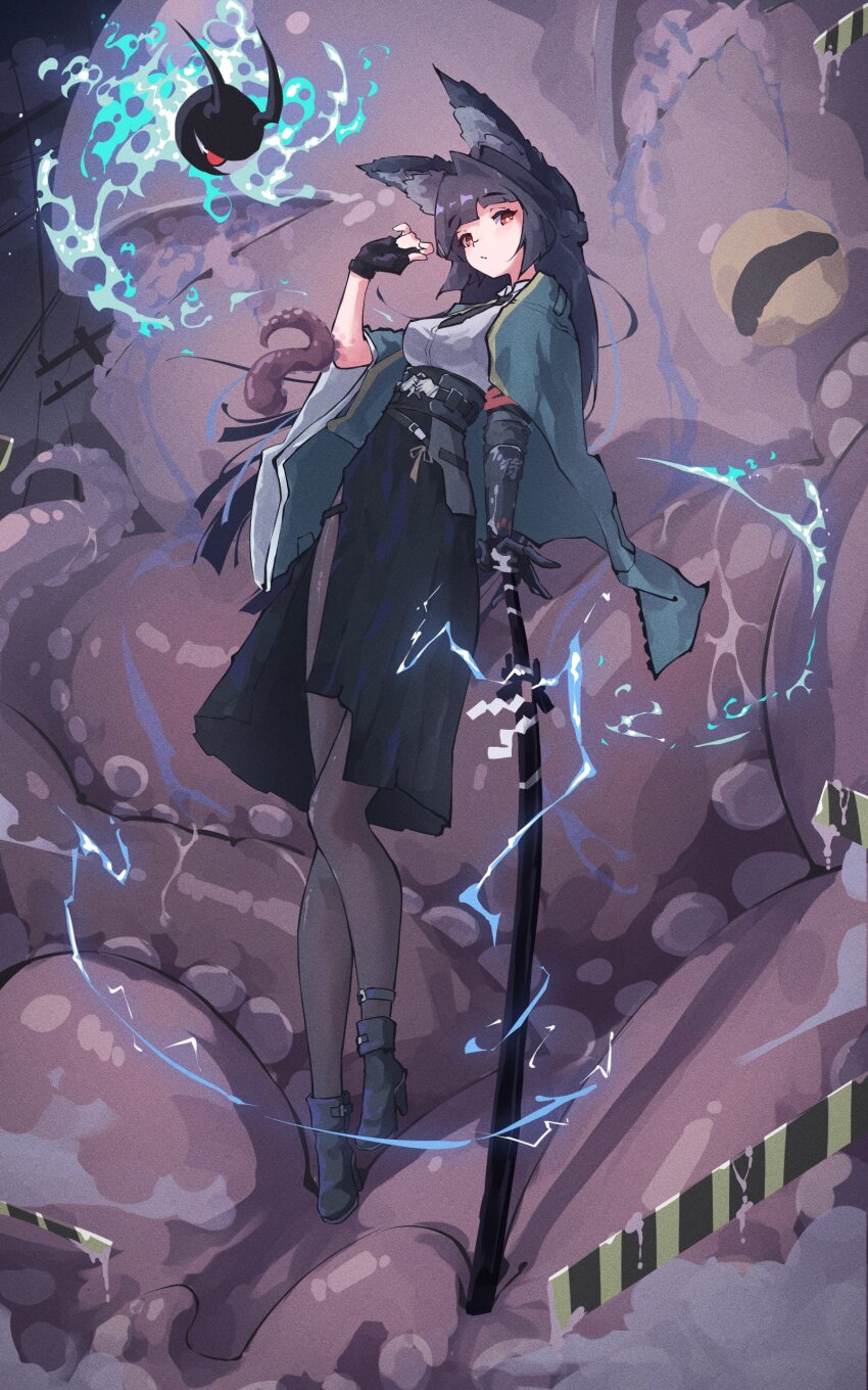 1girl, absurdres, animal_ear_fluff, animal_ears, awoodden, black_boots, black_gloves, black_pantyhose