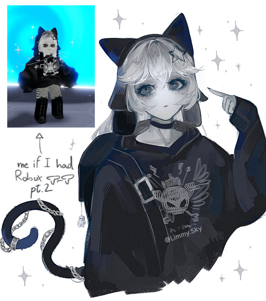 1girl, animal_ears, arm_at_side, arrow_(symbol), backpack, bag, black_bag, black_choker, black_hat, black_tail, cat_ears, chain, charm_(object), choker, colored_skin, commentary, cropped_torso, english_commentary, film_grain, grey_eyes, hair_between_eyes, hair_ornament, hat, highres, instagram_username, limmysky, long_sleeves, looking_at_viewer, no_nose, pointing, pointing_at_self, puffy_long_sleeves, puffy_sleeves, reference_inset, roblox, simple_background, skull_print, sleeves_past_wrists, solo, sparkle, star_(symbol), star_hair_ornament, white_background, white_hair, white_skin