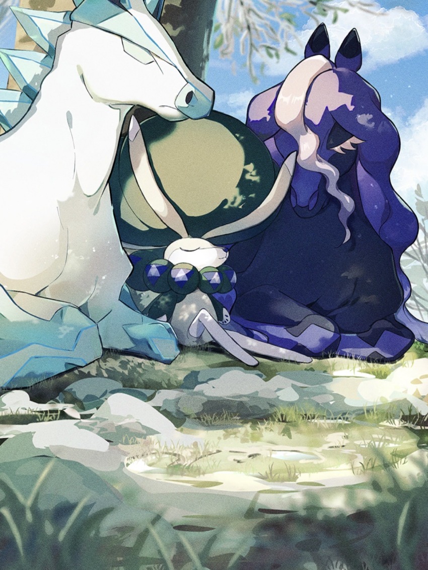 against_tree, artist_request, blue_sky, calyrex, closed_eyes, closed_mouth, cloud, commentary