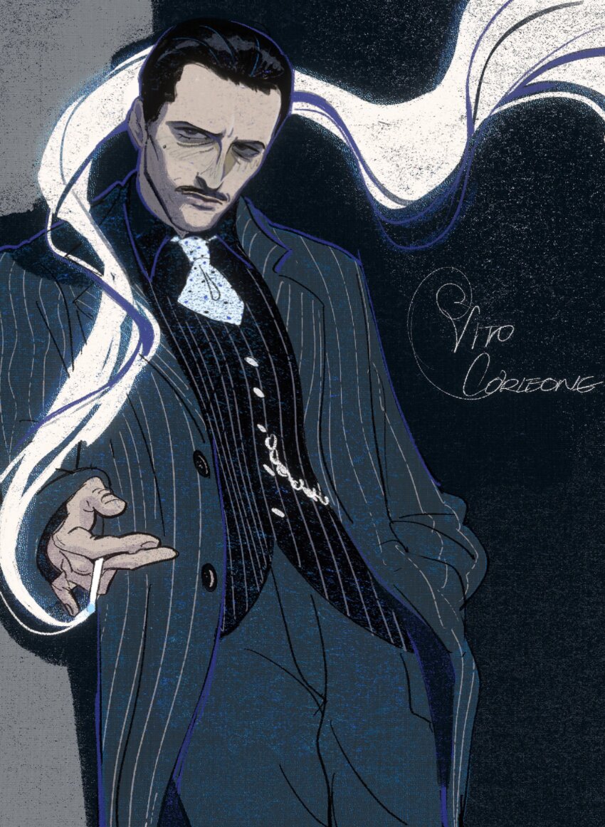 1boy, absurdres, ascot, black_hair, cigarette, cowboy_shot, facial_hair, formal_clothes