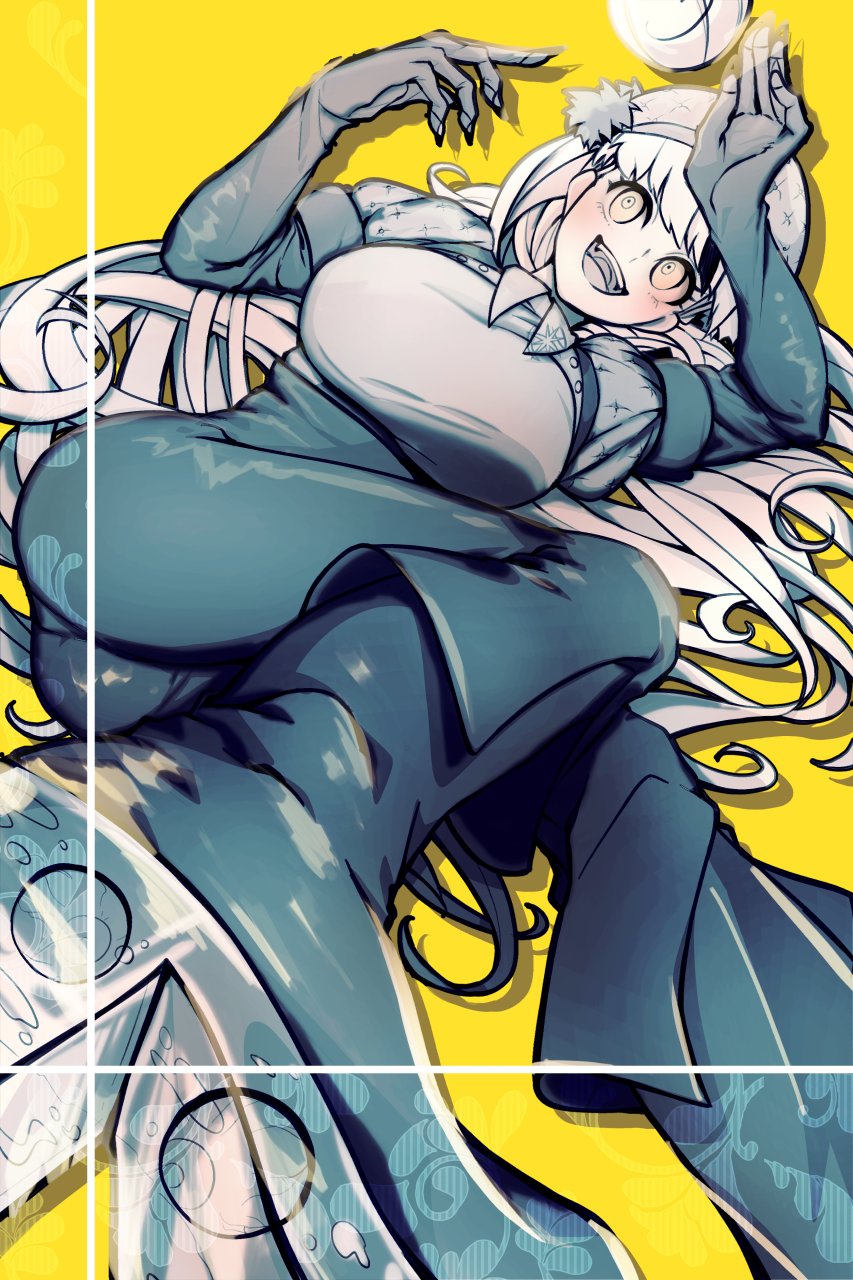 1girl, ass, blush, breasts, gloves, hat, high_heels, highres, long_hair, looking_at_viewer, lying, madan_no_ichi, onsen_hphp, open_mouth, pants, shirabedonna, shirt, simple_background, smile, solo, yellow_background