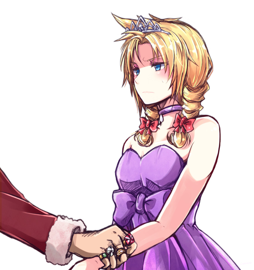 2boys, bare_shoulders, blonde_hair, blue_eyes, blush, bow, braid, choker