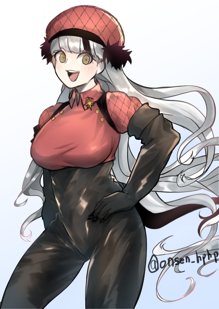 1girl, black_gloves, black_pants, breasts, gloves, grey_hair, hat, long_hair, looking_at_viewer, madan_no_ichi, onsen_hphp, open_mouth, orange_shirt, pants, shirabedonna, shirt, simple_background, smile, solo, white_background, yellow_eyes