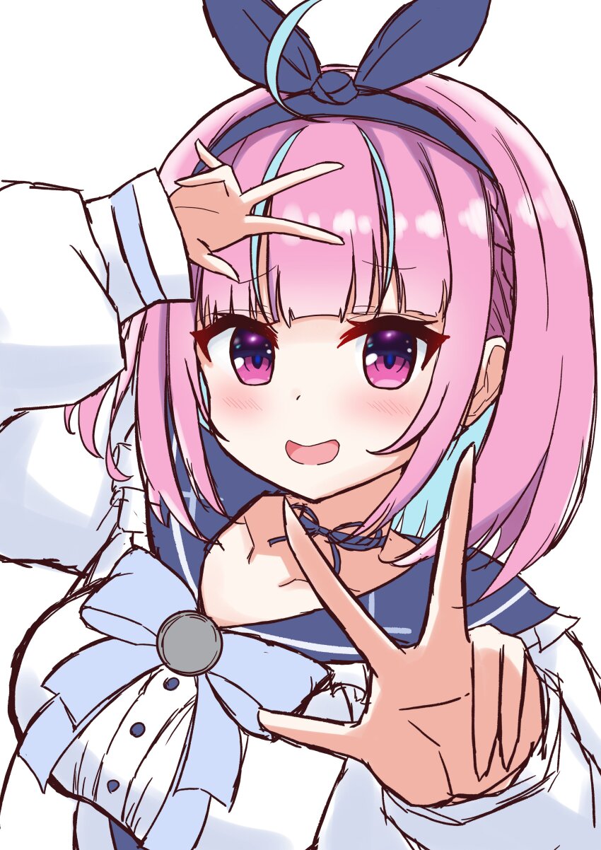 1girl, absurdres, ahoge, blush, bow, bow_hairband, breasts, hairband