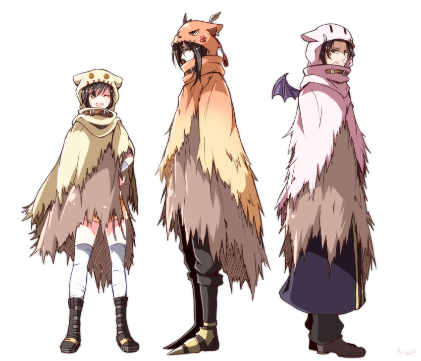 1girl, 2boys, alternate_costume, animal_hood, armored_boots, artist_name, black_hair, black_pants