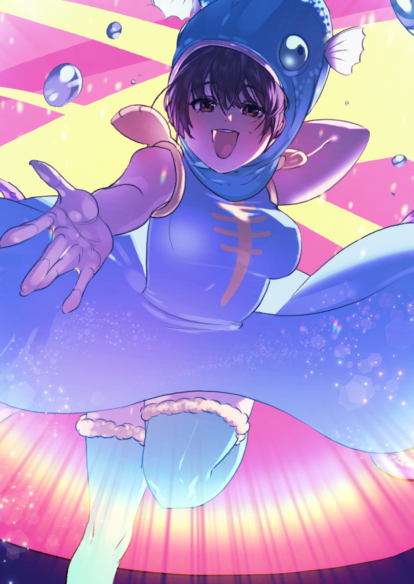 1girl, arm_behind_head, blue_dress, breasts, brown_eyes, brown_hair, dress, fish_hood