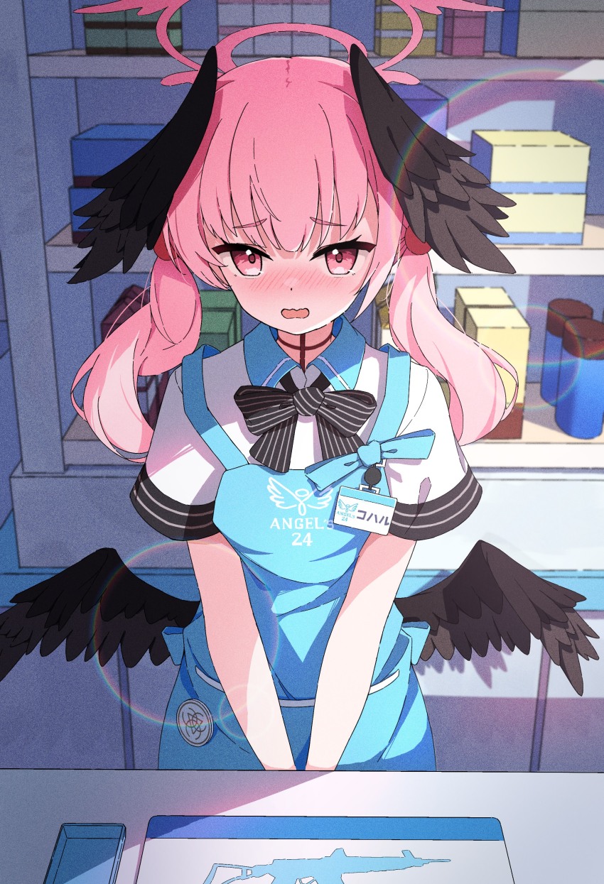 1girl, absurdres, alternate_costume, apron, black_bow, black_bowtie, black_wings, blue_apron