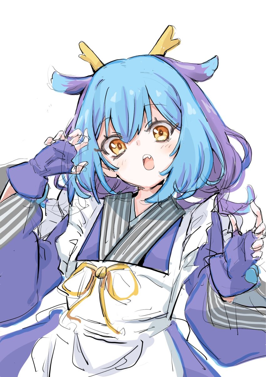 1girl, apron, blue_hair, blue_kimono, dragon_girl, dragon_horns, duel_monster, fingerless_gloves
