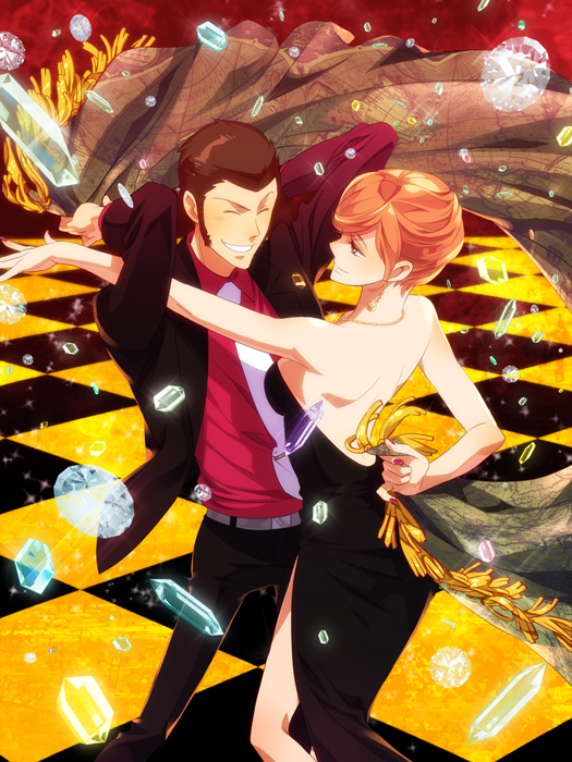 1boy, 1girl, arsene_lupin_iii, back, bad_id, bad_pixiv_id, bare_shoulders, black_jacket, brown_hair, checkered_floor, dancing, dress, floor, formal_clothes, gem, halloween, jacket, jewelry, lupin_iii, mine_fujiko, necklace, necktie, orange_hair, purple_necktie, shin'ya_(midnight_rain), sideburns, smile, suit, tms_entertainment