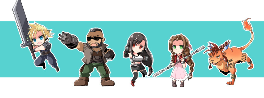 2girls, 3boys, aerith_gainsborough, animal, aqua_background, aqua_eyes, armor, bangle