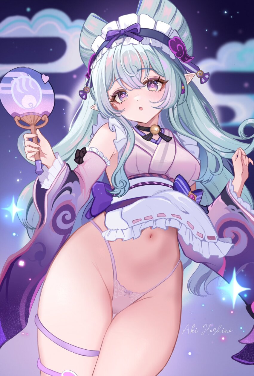 1girl, :o, aki_hoshino, aqua_hair, artist_name, cameltoe, commentary, cowboy_shot, dress, genshin_impact, gradient_eyes, hand_fan, highres, holding, holding_fan, long_hair, midriff, multicolored_eyes, navel, night, panties, pointy_ears, purple_panties, sky, solo, thigh_strap, thighs, underwear, white_dress, white_headdress, yumemizuki_mizuki