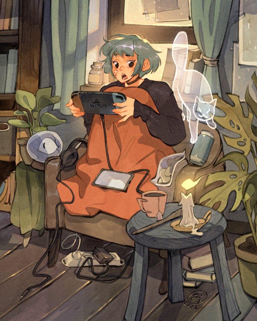 1girl, aqua_hair, armchair, artist_logo, bag_of_chips, bandaid, bandaid_on_face, black_choker