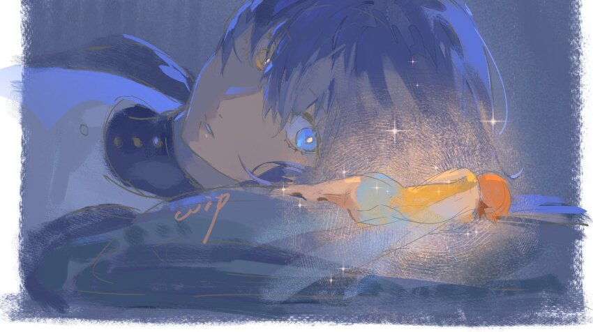 1boy, 1girl, blue_eyes, blue_hair, border, buttons, commentary, dark-skinned_male