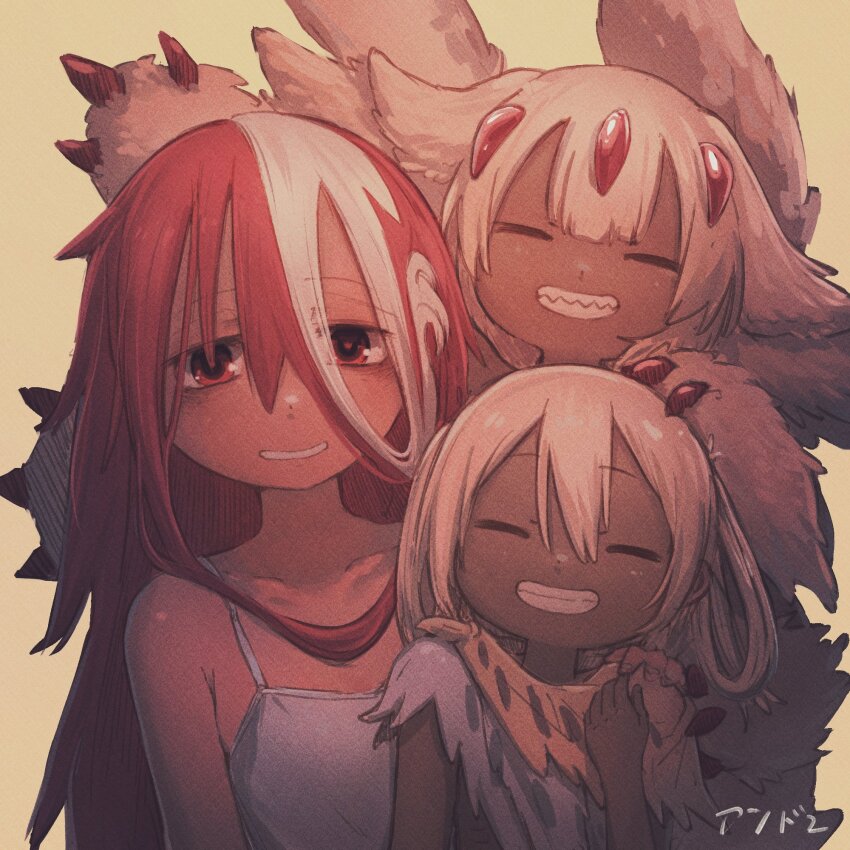 3girls, bare_shoulders, body_fur, claws, closed_eyes, collarbone, commentary_request, dark-skinned_female