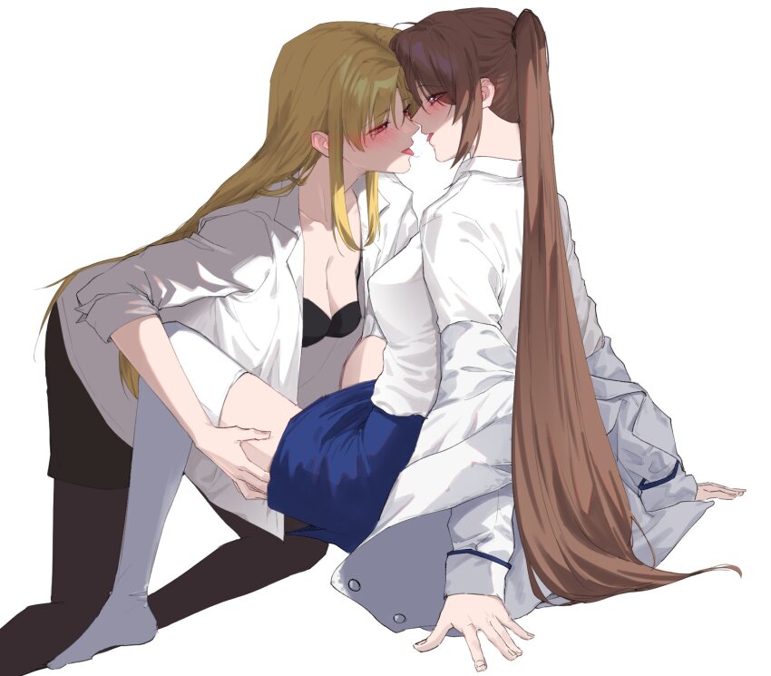 2girls, after_kiss, black_bra, black_pantyhose, black_skirt, blonde_hair, blue_skirt, bra, breasts, brown_hair, cleavage, collared_shirt, commentary_request, fate_testarossa, highres, jacket, kaichan2536, large_breasts, long_hair, long_sleeves, lyrical_nanoha, multiple_girls, off_shoulder, open_mouth, pantyhose, ponytail, red_eyes, saliva, saliva_trail, shirt, skirt, takamachi_nanoha, thai_commentary, thighhighs, underwear, white_jacket, white_shirt, white_thighhighs, yuri