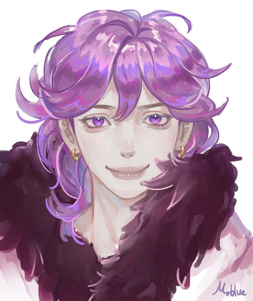 1boy, artist_name, closed_mouth, coat, commentary, earrings, fur-trimmed_coat, fur_trim