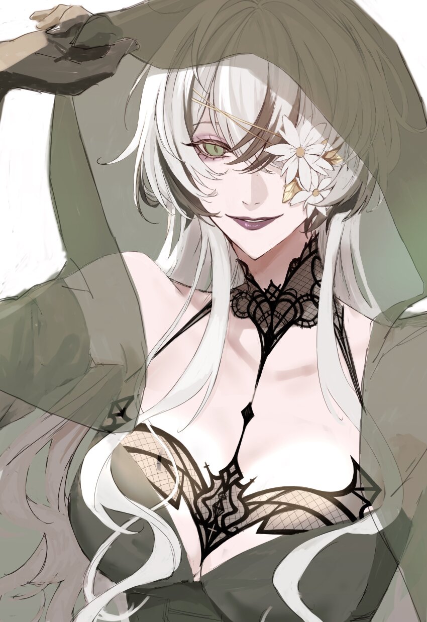 1girl, absurdres, breasts, cleavage, collarbone, dress, flower, flower_over_eye