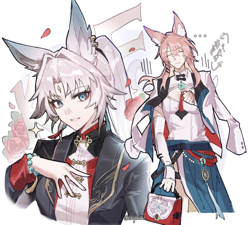 ..., 1boy, 1girl, animal_ear_fluff, animal_ears, arrow_(symbol), artist_name, bag