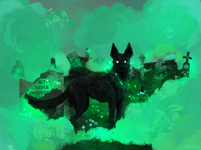 abandoned, animal, animal_focus, black_dog, black_fur, blank_eyes, closed_mouth, commentary