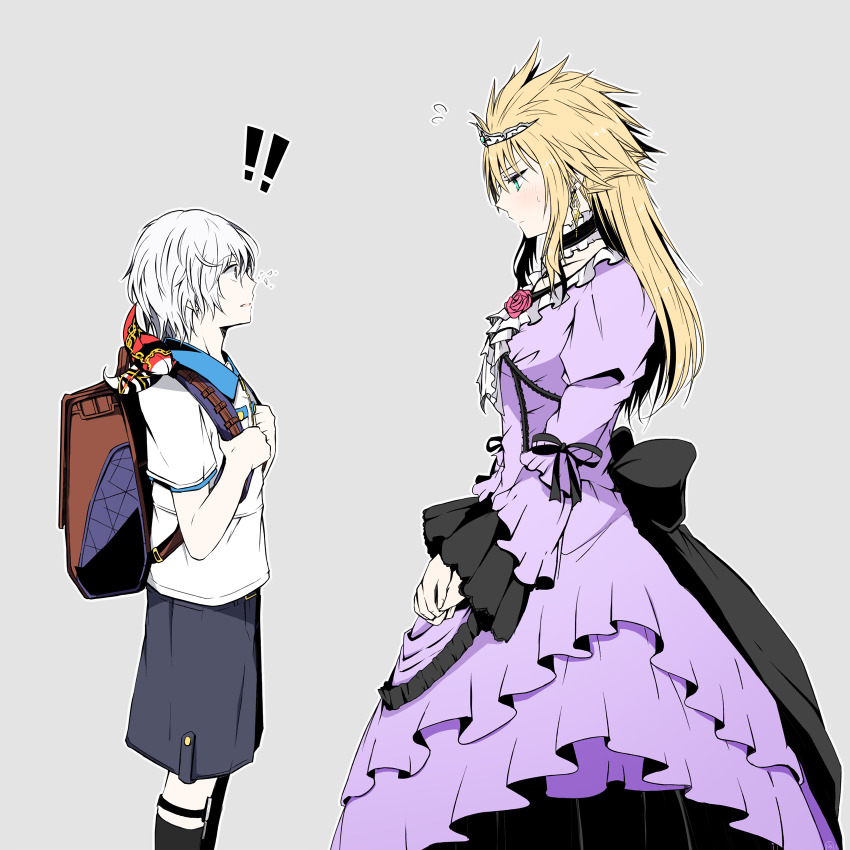 !, !!, 2boys, aqua_eyes, backpack, bag, black_shorts, blonde_hair