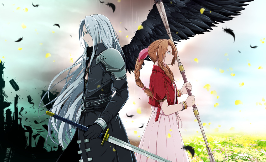 1boy, 1girl, absurdres, aerith_gainsborough, aqua_eyes, armor, back-to-back, bangle