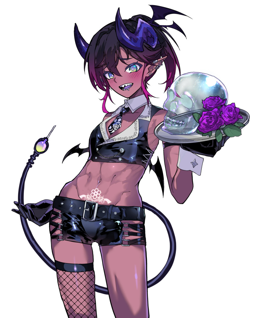 1boy, abs, aqua_eyes, belt, black_gloves, black_necktie, brown_hair, colored_skin